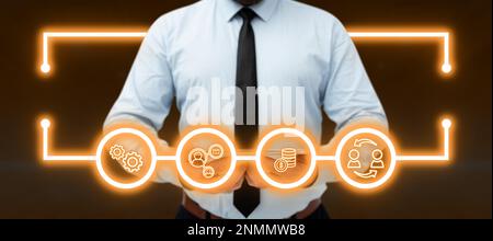 Businessman holding tablet with two hands. Glow going from device presenting important information. Futuristic digital design showing technological Stock Photo