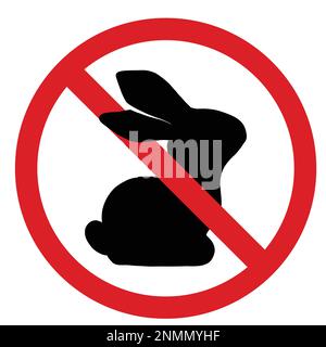 Vector icon with a black silhouette of a hare in a prohibition sign. Cosmetics without testing on animals. Forbidden to hunt animals. Stock Vector