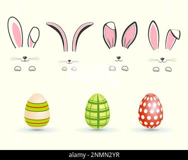 Easter bunny ears and easter eggs collection, Bunny face and egg illustration Stock Vector