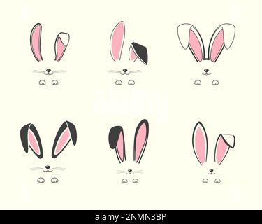 Easter bunny ear illustration set, Bunny face with whiskers and paw Stock Vector