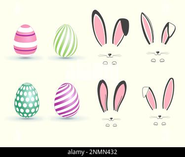 Easter bunny ears and easter eggs collection, Bunny face and egg illustration Stock Vector