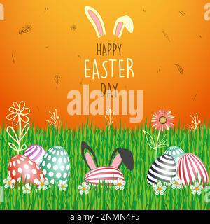 Happy easter holiday background with colorful painted eggs on green grass illustration Stock Vector