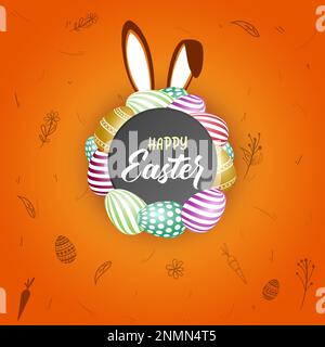 Happy easter background illustration with painted eggs on shiny yellow background Stock Vector