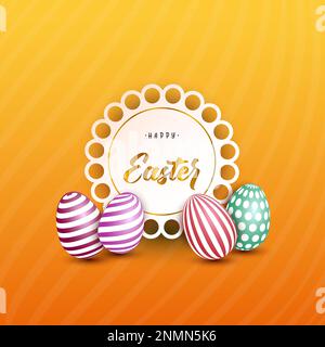 Happy easter background illustration with painted eggs on shiny yellow background Stock Vector
