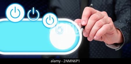 Businessman in office uniform Holding Pen Writing On Screen Presenting Futuristic Technology. Lab Technician Using Stylus Taking Notes Showing Modern Stock Photo