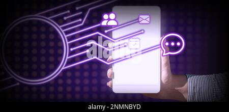 Hand Holding mobile phone presenting New Futuristic Technologies. Palm Carrying cellphone Displaying Solving Late Innovative Virtual Ideas. Screen Stock Photo