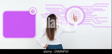 Businesswoman in white office sirt standing and pressing virtual button with her finger. Women presenting new technologies for future. Futuristic Stock Photo