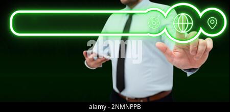 Man in office shirt satnding and holding mobile phone. Businessman pressing virtual button with his finger. Unlock, switch on. Futuristic colored glow Stock Photo