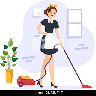 Maid cartoon character wearing uniform using vacuum cleaner Stock ...