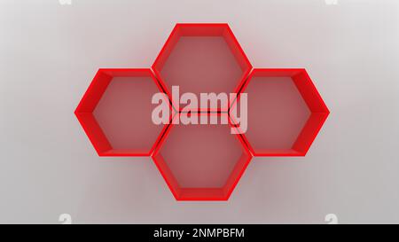 Four red empty hexagon shelves on white wall 3D mockup Stock Vector