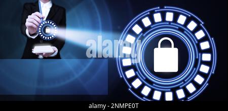 Business Woman Standing Holding mobile phone And pen. Pressing On Virtual Button. Lady In Uniform Carrying Pad Tapping Icon Showing New Futuristic Stock Photo
