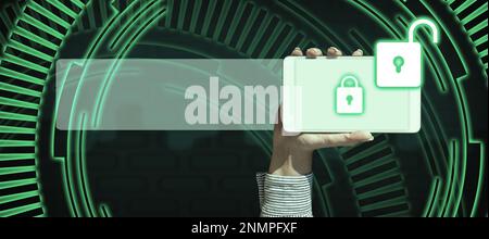 Hand Holding mobile phone presenting New Futuristic Technologies. Palm Carrying cellphone Displaying Solving Late Innovative Virtual Ideas. Screen Stock Photo