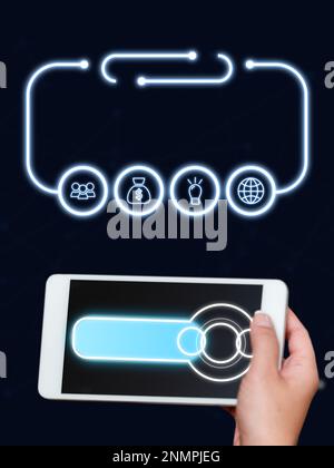 Hand Holding mobile phone presenting New Futuristic Technologies. Palm Carrying cellphone Displaying Solving Late Innovative Virtual Ideas. Screen Stock Photo