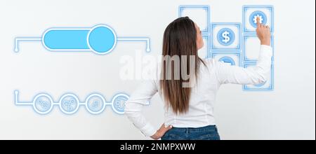 Businesswoman in white office sirt standing and pressing virtual button with her finger. Women presenting new technologies for future. Futuristic Stock Photo