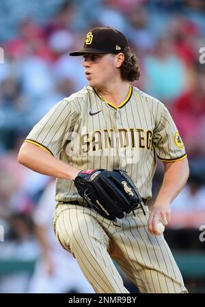 ANAHEIM, CA - AUGUST 28: San Diego Padres pitcher Ryan Weathers (40)  pitching during a game against the Los Angeles Angels played on August 28,  2021 at Angel Stadium in Anaheim, CA. (