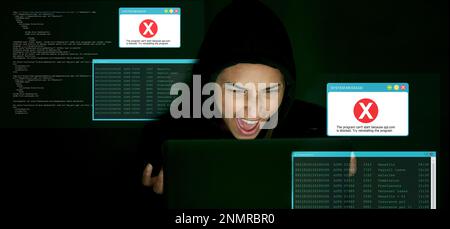 Angry, hacking and hacker man for cyber security, coding software, block server and error code for data protection. Frustrated programmer, cyberpunk Stock Photo