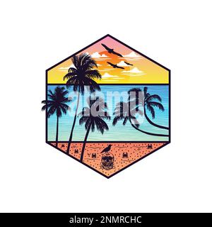 Ocean and beach panoramic landscape artwork design. Editable, resizable, EPS 10, vector illustration. Stock Vector