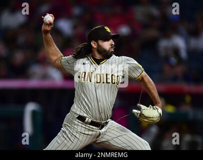 ANAHEIM, CA - AUGUST 28: San Diego Padres pitcher Ryan Weathers (40)  pitching during a game against the Los Angeles Angels played on August 28,  2021 at Angel Stadium in Anaheim, CA. (