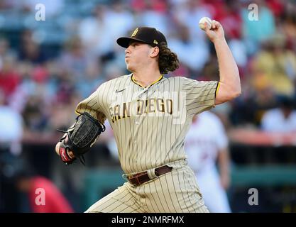 ANAHEIM, CA - AUGUST 28: San Diego Padres pitcher Ryan Weathers (40)  pitching during a game against the Los Angeles Angels played on August 28,  2021 at Angel Stadium in Anaheim, CA. (