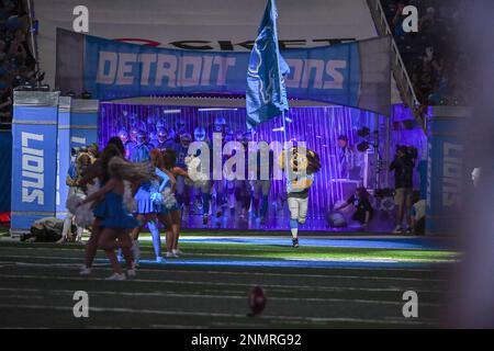 DETROIT, MI - AUGUST 19: Detroit Lions mascot, Roary, runs on to the field  prior to the exhibition game between Jacksonville Jaguars and Detroit Lions  on August 19, 2023 at Ford Field