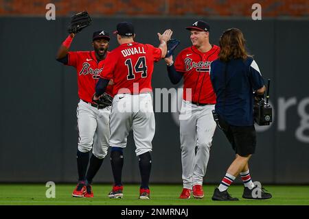ATLANTA, GA – APRIL 28: Atlanta outfielders Guillermo Heredia (38), Ronald  Acuna Jr. (13), and Marcell Ozuna (20) strike a selfie pose following the  last out of the game during the MLB