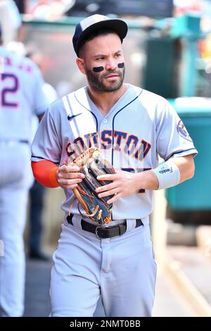 BALTIMORE, MD - August 10: Houston Astros second baseman Jose Altuve (27)  points skyward after scoring during the Houston Astros versus the Baltimore  Orioles on August 10, 2023 at Oriole Park at