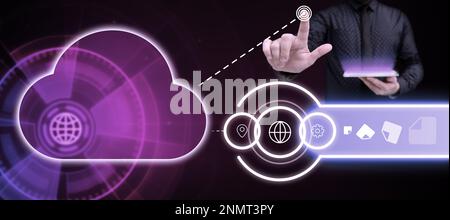 Human in office suit holding mobile phone and pressing on virtual button with finger. Futuristic image with color glow. Textholder contains important Stock Photo