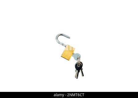 Opened padlock and keys isolated on white background Stock Photo