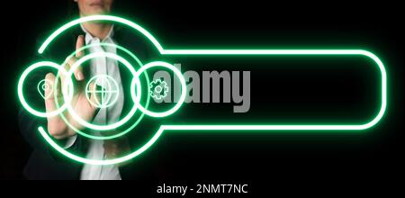 Lady In Suit Standing pressing On virtual button. Woman In Suit Standing Pointing On Futuristic Graphic Interface. Presenting Modern Virtual Stock Photo