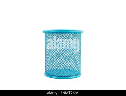 Empty blue pen and pencils holder on white background Stock Photo