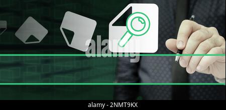 Businessman in office uniform Holding Pen Writing On Screen Presenting Futuristic Technology. Lab Technician Using Stylus Taking Notes Showing Modern Stock Photo