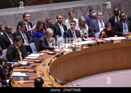 United Nations, New York, USA, February 24, 2023 - Security Council Meets on Maintenance of Peace and Security of Ukraine today at the UN Headcorters in New York. Photo of: Photo: Luiz Rampelotto/EuropaNewswire Stock Photo