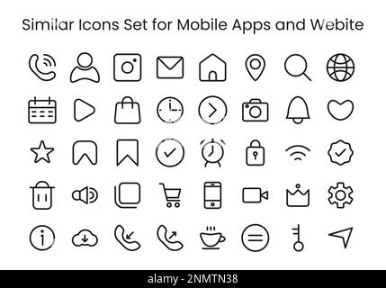 similar icons set for user interface, mobile and apps icons set with basic outline black and white Stock Vector