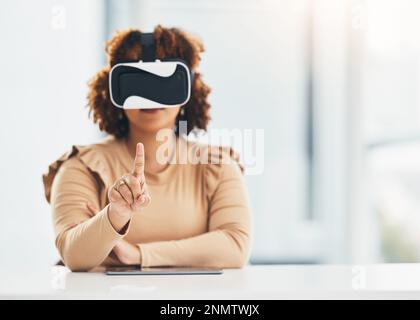 Virtual reality, user interface and black woman with finger for cyber app, interactive website and metaverse. Technology, vr headset and hand of girl Stock Photo