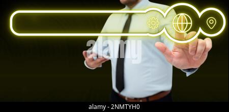 Man in office shirt satnding and holding mobile phone. Businessman pressing virtual button with his finger. Unlock, switch on. Futuristic colored glow Stock Photo