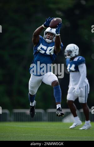 Indianapolis Colts linebacker Zaire Franklin speaks to the media as the  players reported to the NFL team's football training camp in Westfield,  Ind., Tuesday, July 27, 2021. Practice open on Wednesday. (AP