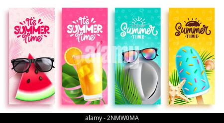 Summer time vector poster set design. It's summer time text tropical holiday seasonal tags collection. Vector illustration greeting card banner Stock Vector