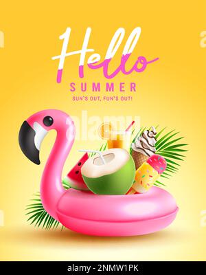 Summer hello vector poster design. Hello summer text with flamingo floater and colorful beach elements. Vector illustration tropical seasonal Stock Vector