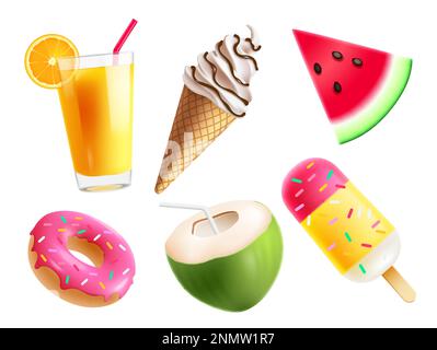 Summer food elements vector set design. Summer tropical foods like doughnut, popsicle, ice cream and seasonal juice. Vector illustration isolated Stock Vector