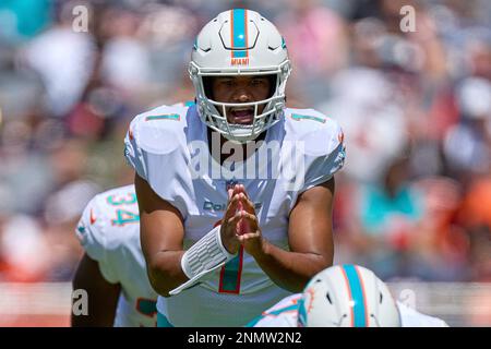 CHICAGO, IL - AUGUST 14: Miami Dolphins quarterback Tua Tagovailoa (1)  throws the football in warmups during a preseason game between the Chicago  Bears and the Miami Dolphins on August 14, 2021