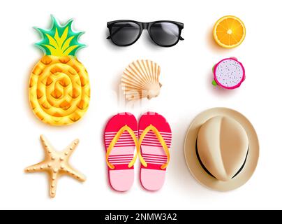 Summer elements vector set design. Summer beach floater hat, sunglasses, flipflop and seashells 3d realistic element. Vector illustration isolated Stock Vector