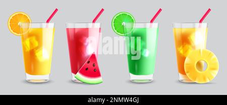 Summer juice vector set design. Summer fruit drinks, iced soda and refreshing lemonade glasses. Vector illustration fruit drinks collection. Stock Vector