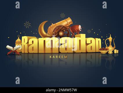 Eid Mubarak and Ramadan Kareem greetings. golden 3d letter and Ramadan props background .abdtract vector illustration design Stock Vector
