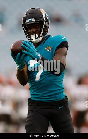 August 24, 2017: Jacksonville Jaguars wide receiver Justin Blackmon (14)  escapes Carolina Panthers cornerback Cole Luke (32) during a punt return in  the second half of an NFL preseason game in Jacksonville