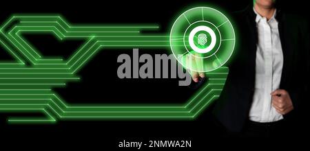 Lady in office suit standing and pressing on virtual button with finger. Futuristic image with color bright glow. Textholder contains important Stock Photo