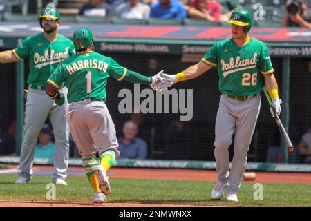 CLEVELAND, OH - AUGUST 12: Matt Chapman (26) of the Oakland A's throws a  runner out after fielding the ball at third base during a game against the  Cl Stock Photo - Alamy