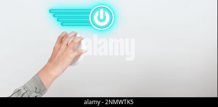 The hand turns the round Switch Showing New Futuristic Technologies. Creative Ideas And Main Important Concepts. Digital design with bright colored Stock Photo