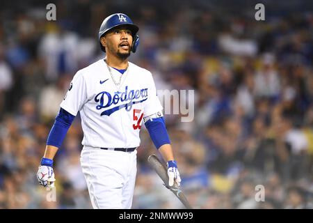 Los Angeles, United States. 05th Apr, 2022. Los Angeles Dodgers outfielder Mookie  Betts (50) gestures to the dugout during a MLB spring training baseball  game against the Los Angeles Angels, Tuesday, Apr.