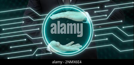 Businessman in office suit holding futuristic frame with glow in his hands. Digital design presenting brand new technologies. Text holder for main Stock Photo