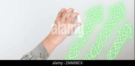 The hand turns the round Switch Showing New Futuristic Technologies. Creative Ideas And Main Important Concepts. Digital design with bright colored Stock Photo